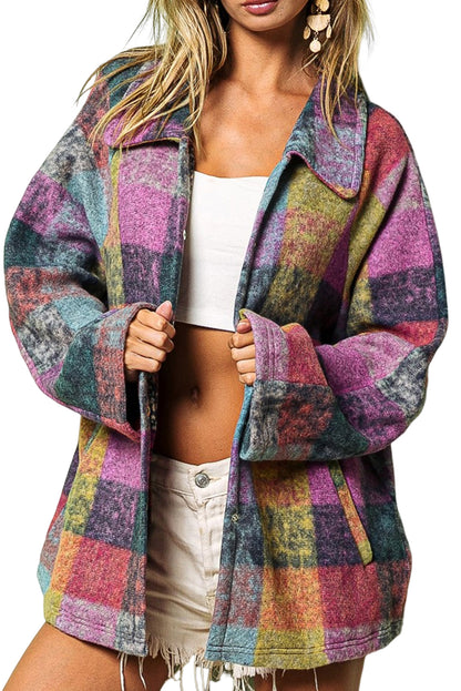 Multicolor Brushed Plaid Buttoned Pullover Oversized Hoodie