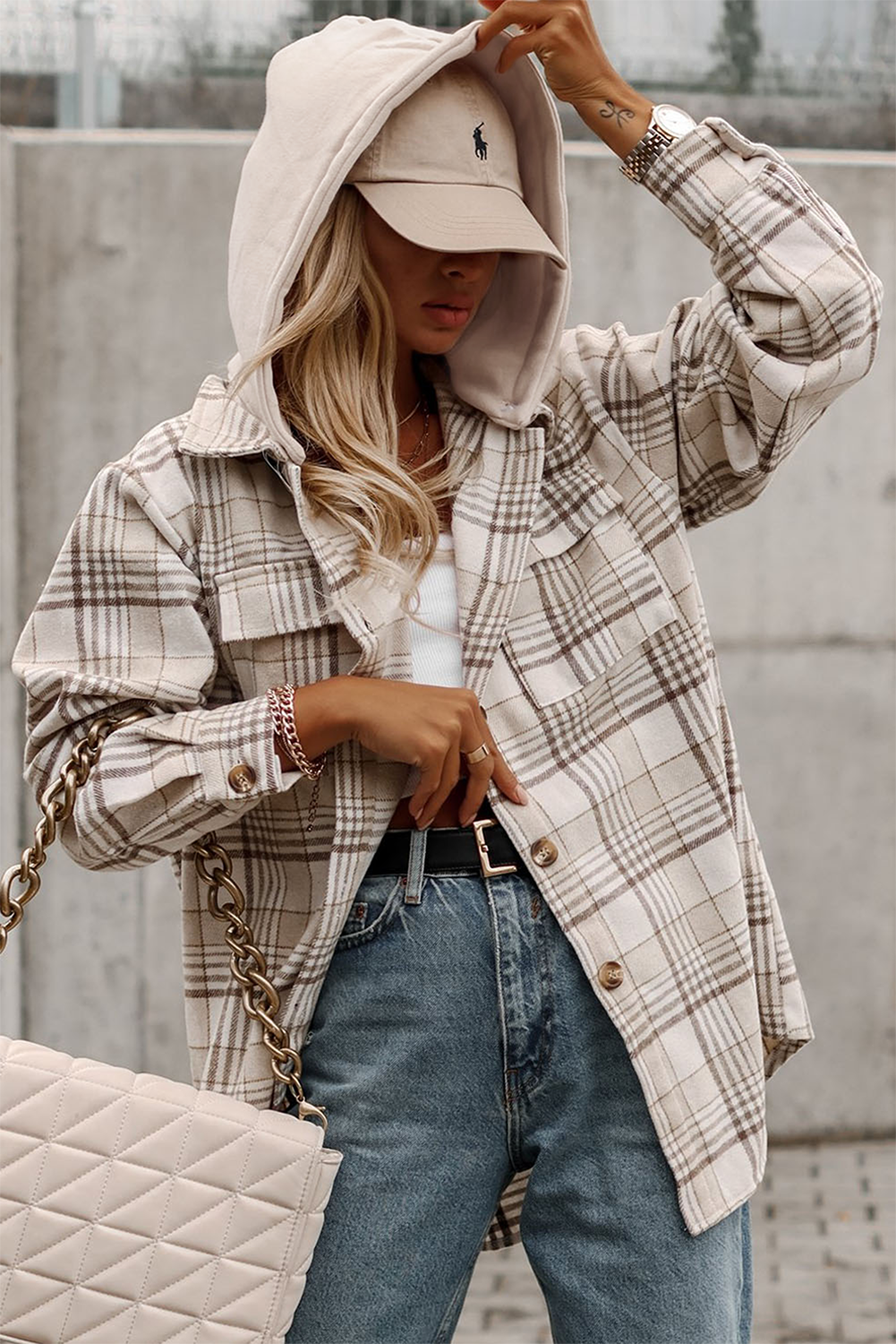 Khaki Printed Plus Size Plaid Print Contrast Hooded Shacket