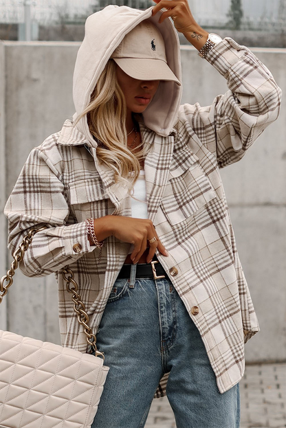 Khaki Printed Plus Size Plaid Print Contrast Hooded Shacket
