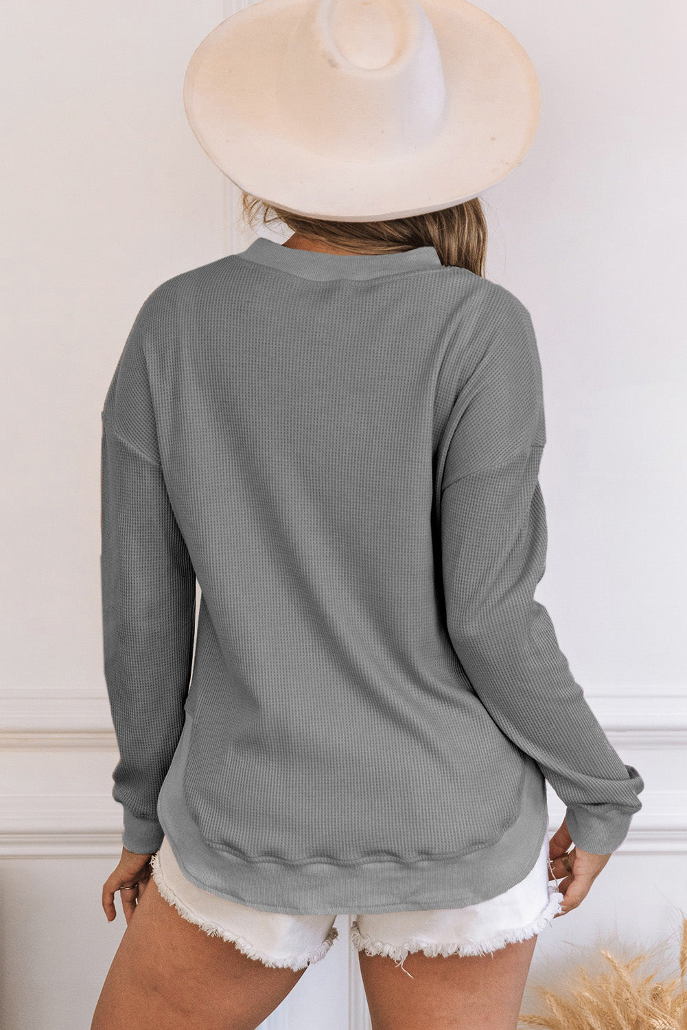 Pink Crew Neck Ribbed Trim Waffle Knit Top