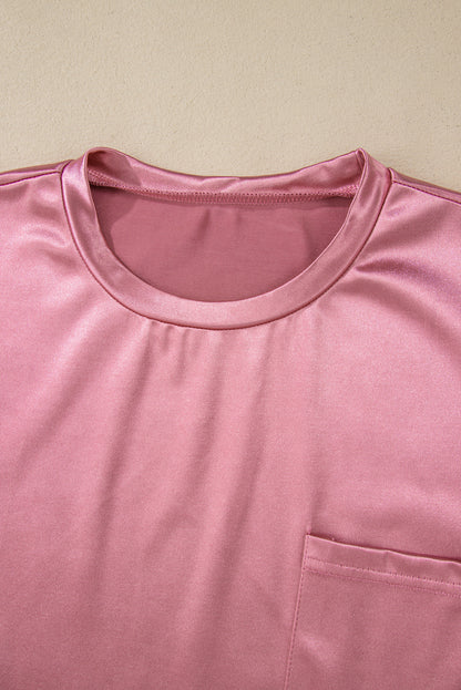 Apricot Glitter Chest Pocket Round Neck Long Sleeve Top