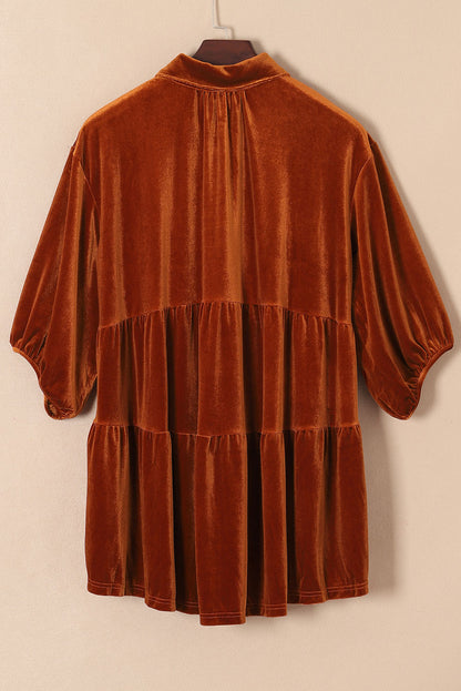 Pale Khaki 3/4 Sleeve Tunic Babydoll Velvet Shirt