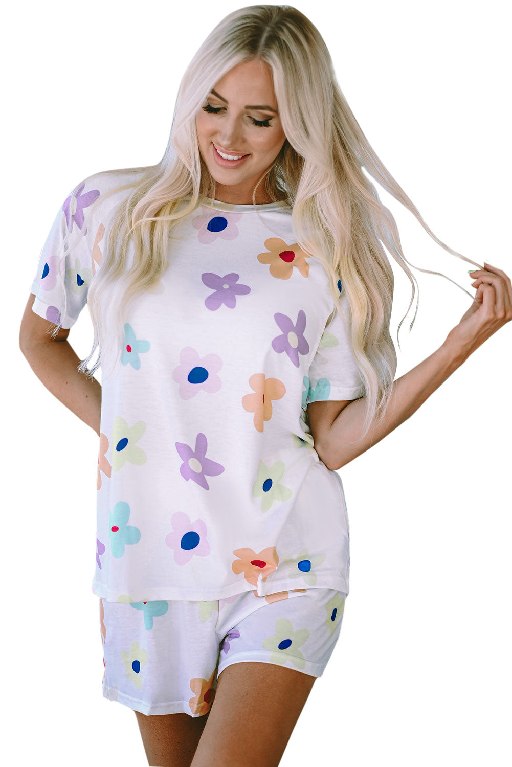 White Floral Long Sleeve Henley Top and Drawstring Shorts Set