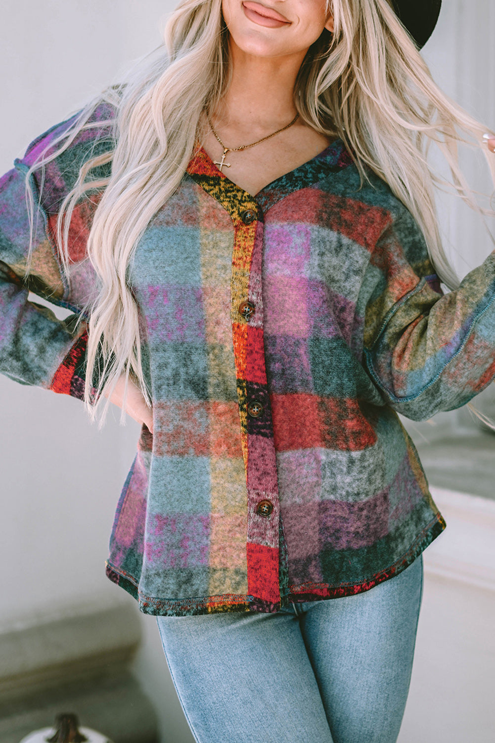 Multicolor Brushed Plaid Buttoned Pullover Oversized Hoodie