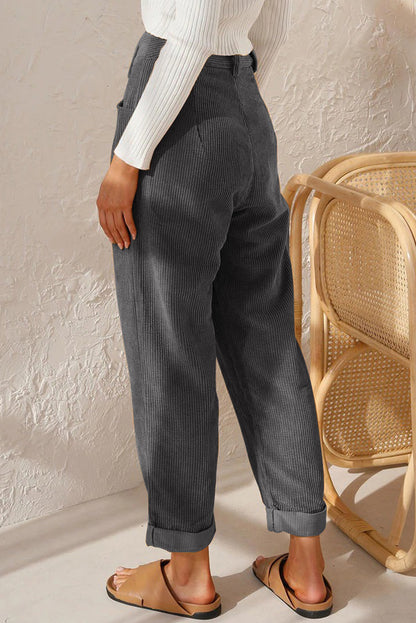 Gray Corduroy High Waist Straight Leg Pants