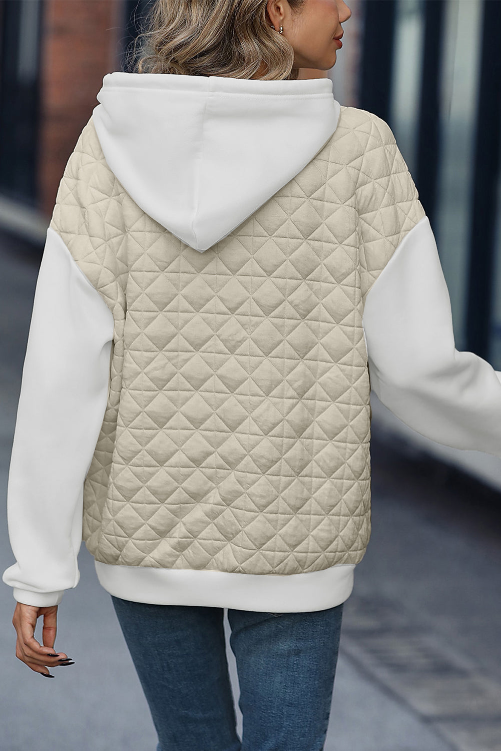 Coffee Solid Color Quilted Kangaroo Pocket Hoodie