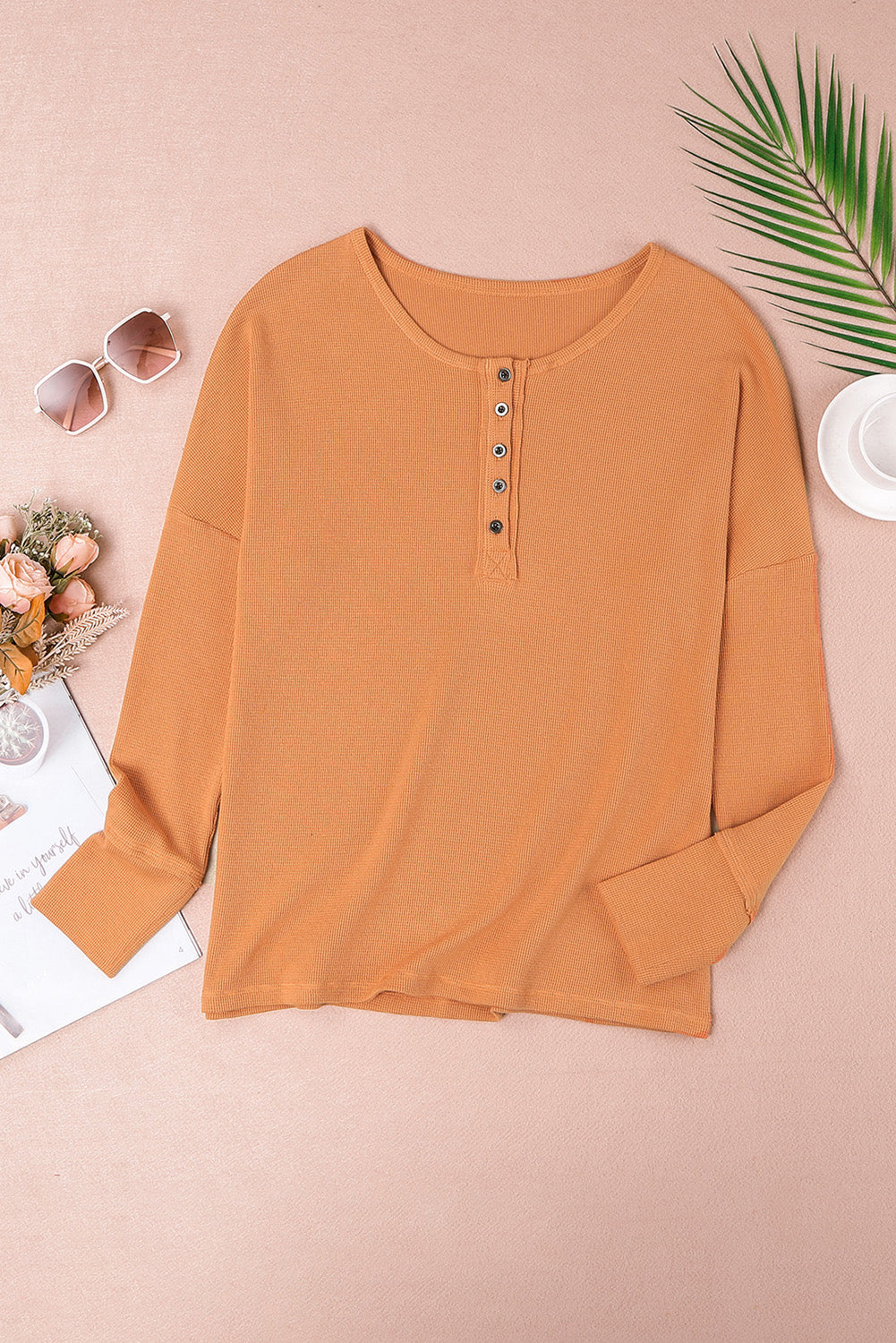 White Waffle Knit Henley Top