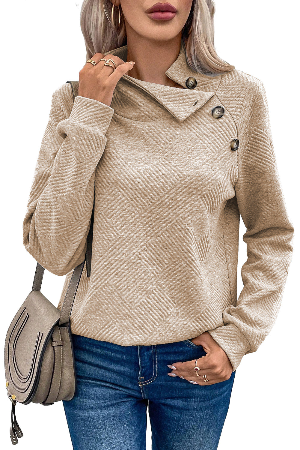 Light Grey Textured Knit Buttoned Kangaroo Pocket Sweatshirt