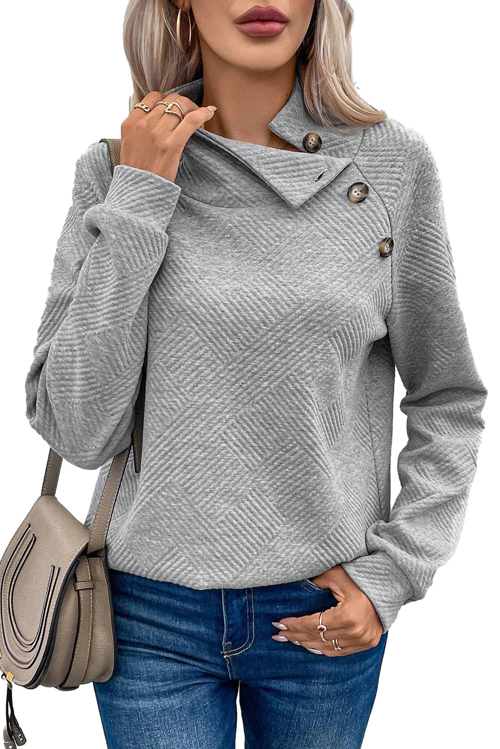 Light Grey Textured Knit Buttoned Kangaroo Pocket Sweatshirt
