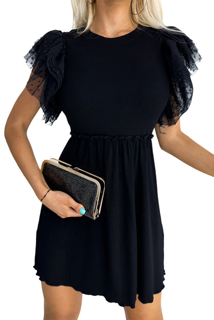 Black Dotty Mesh Ruffle Sleeve Ribbed Knit Top