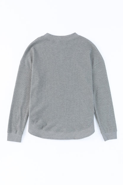 Pink Crew Neck Ribbed Trim Waffle Knit Top