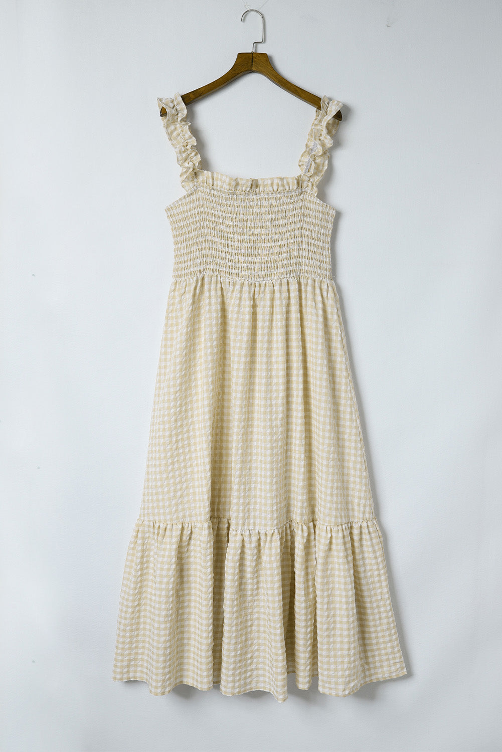 Khaki Plaid Ruffled Square Neck Smocked Tiered Maxi Dress