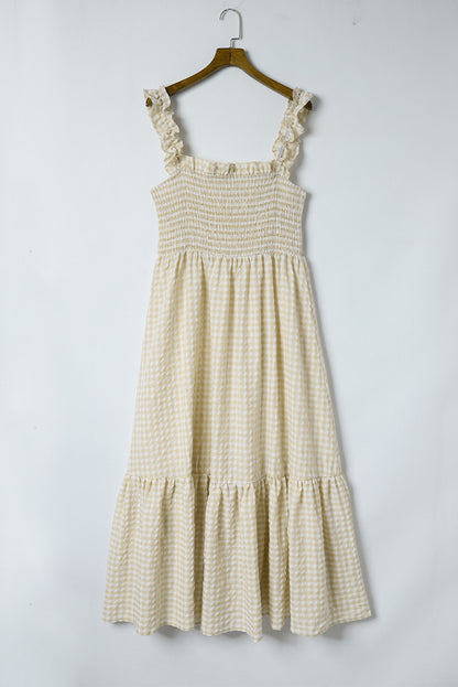 Khaki Plaid Ruffled Square Neck Smocked Tiered Maxi Dress