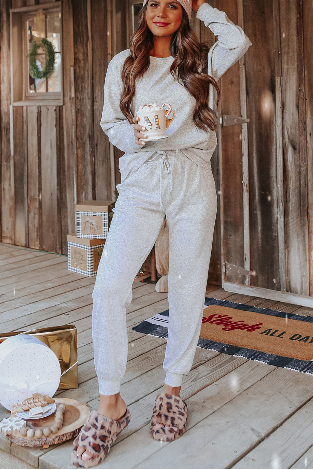 Spinach Green Sequined Christmas Cane Pattern Lounge Sweatsuit