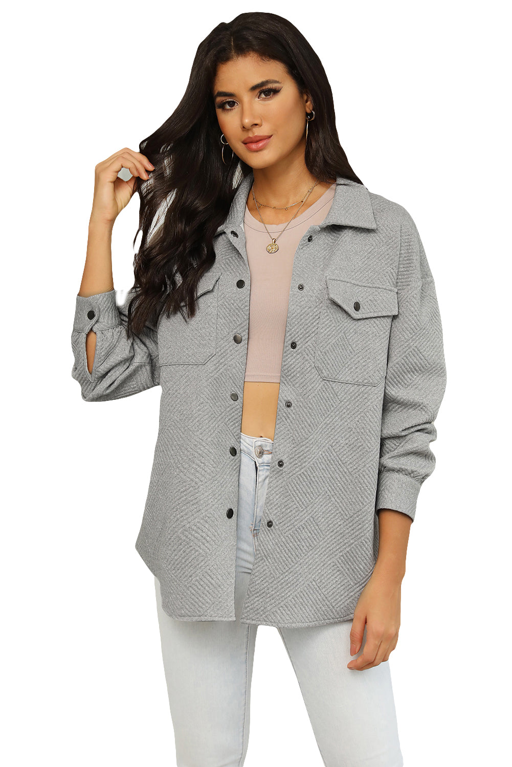 Khaki Solid Textured Flap Pocket Buttoned Shacket
