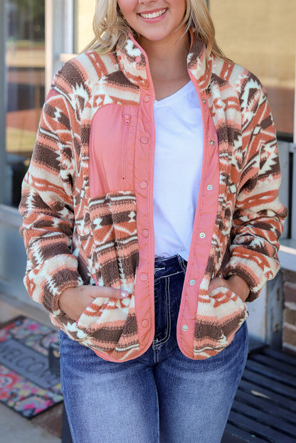 Black Western Colorblock Snap Buttoned Sherpa Jacket