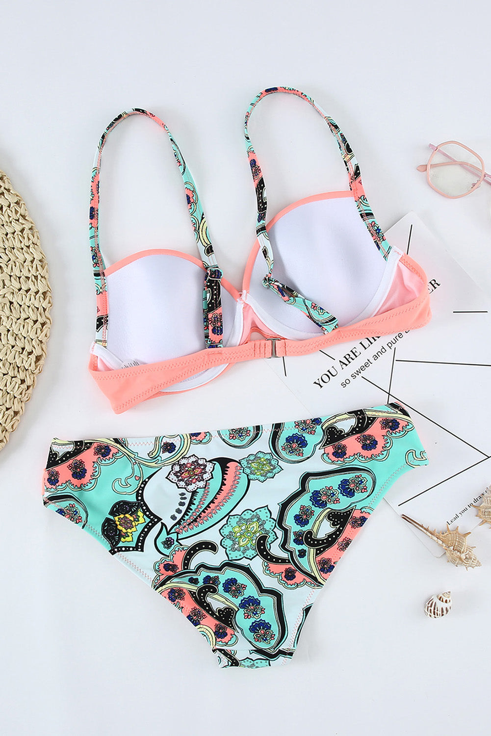Sky Blue Geometric Padded Gather Push-up Bikini Set