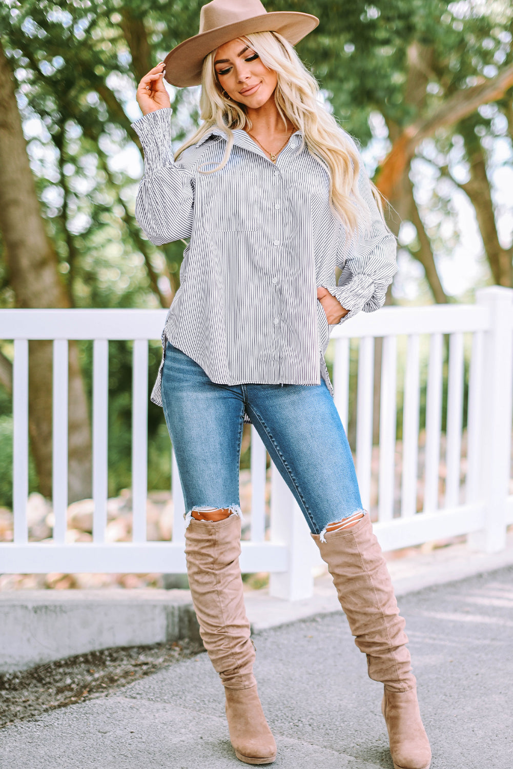 Pink Smocked Cuffed Striped Boyfriend Shirt with Pocket