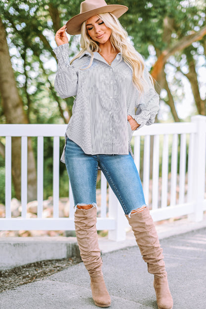 Pink Smocked Cuffed Striped Boyfriend Shirt with Pocket