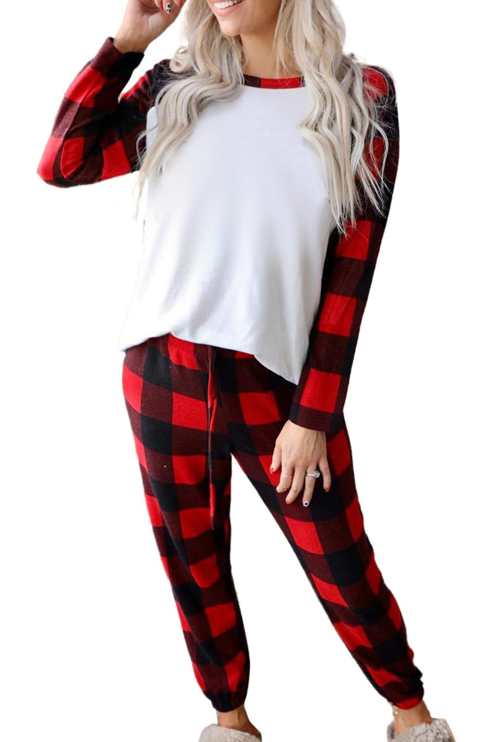 Red MERRY CHRISTMAS Plaid Print Two Piece Loungewear