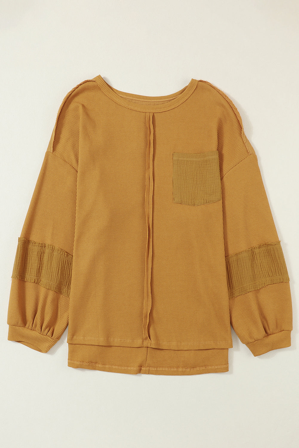 Gray Exposed Seam Patchwork Bubble Sleeve Waffle Knit Top