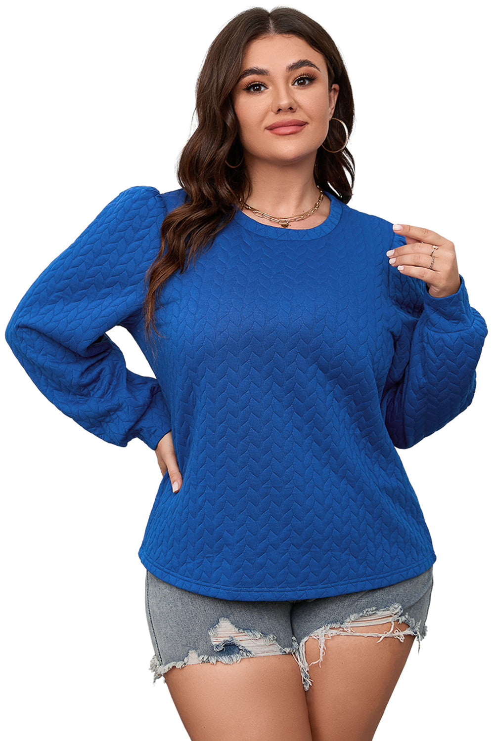 Light Pink Cable Textured Puff Sleeve Sweatshirt