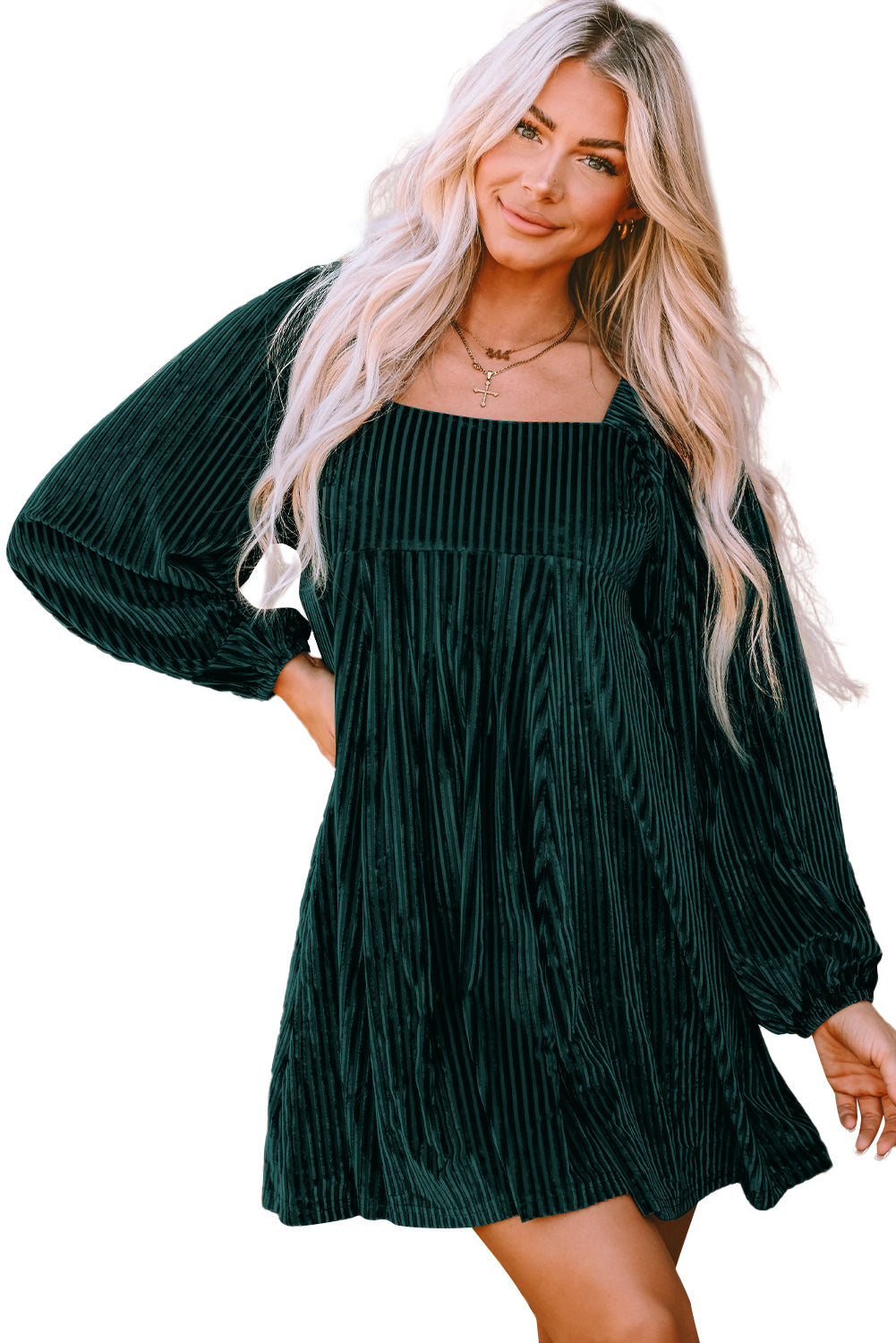 Pink Smocked Ribbed Velvet Babydoll Top