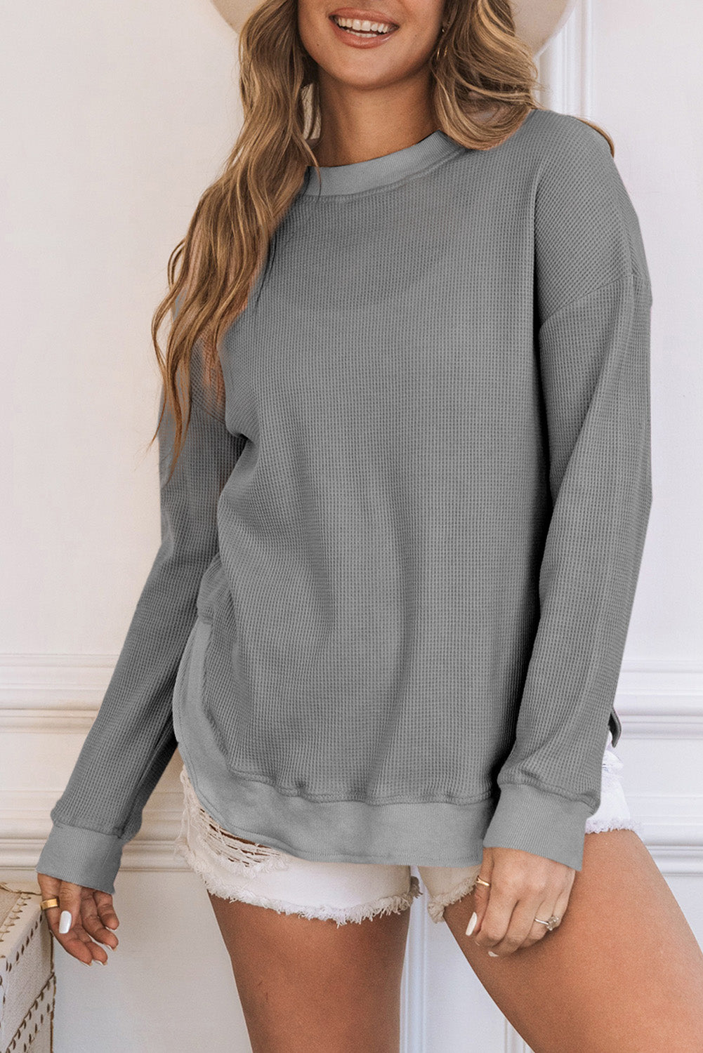 Pink Crew Neck Ribbed Trim Waffle Knit Top