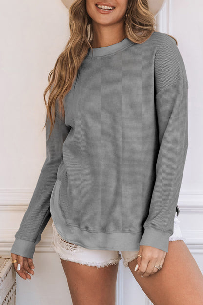 Pink Crew Neck Ribbed Trim Waffle Knit Top