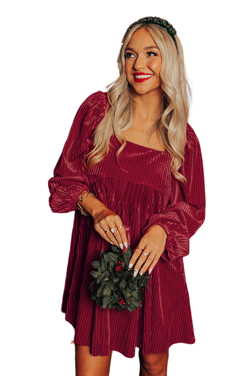 Pink Smocked Ribbed Velvet Babydoll Top