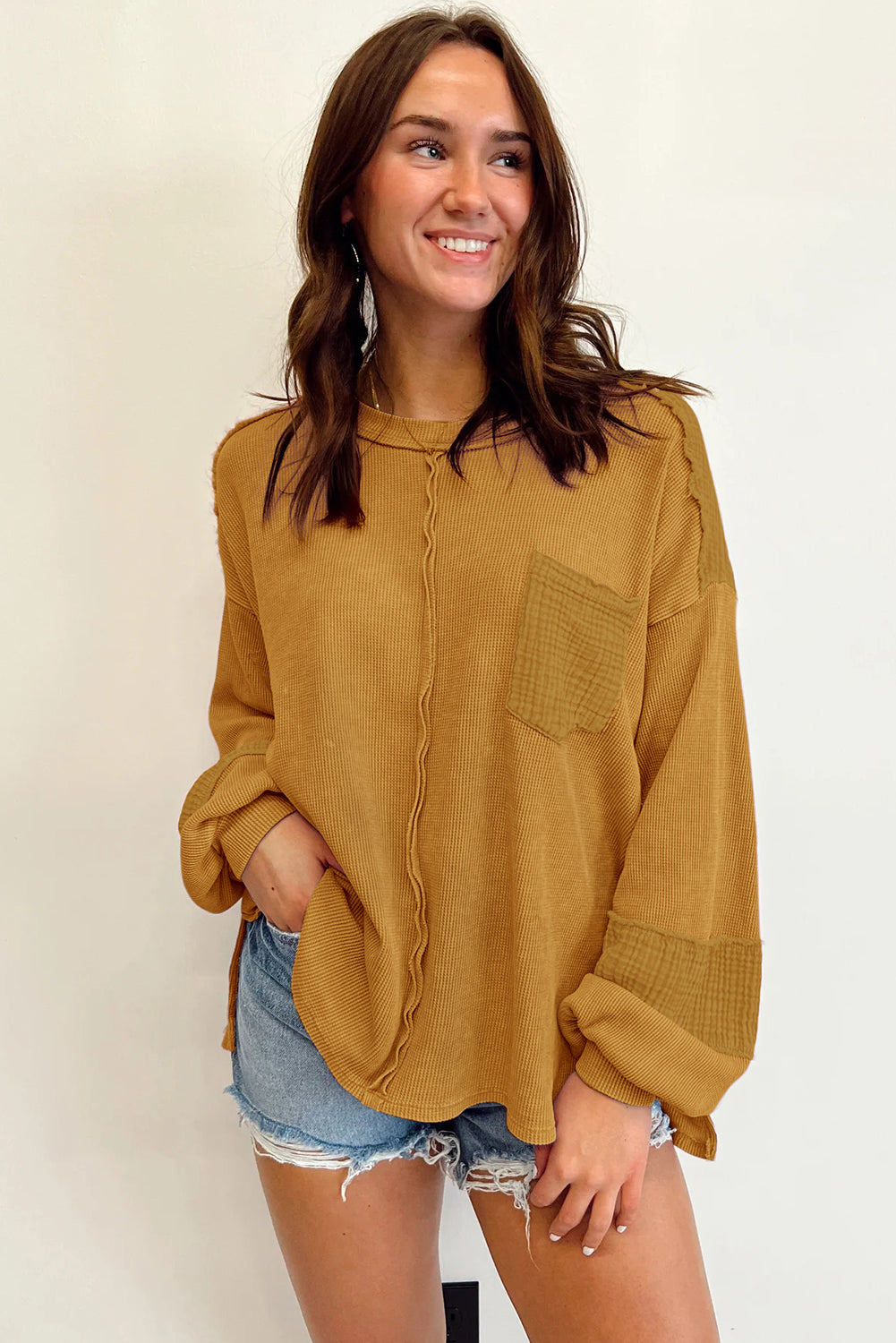 Gray Exposed Seam Patchwork Bubble Sleeve Waffle Knit Top