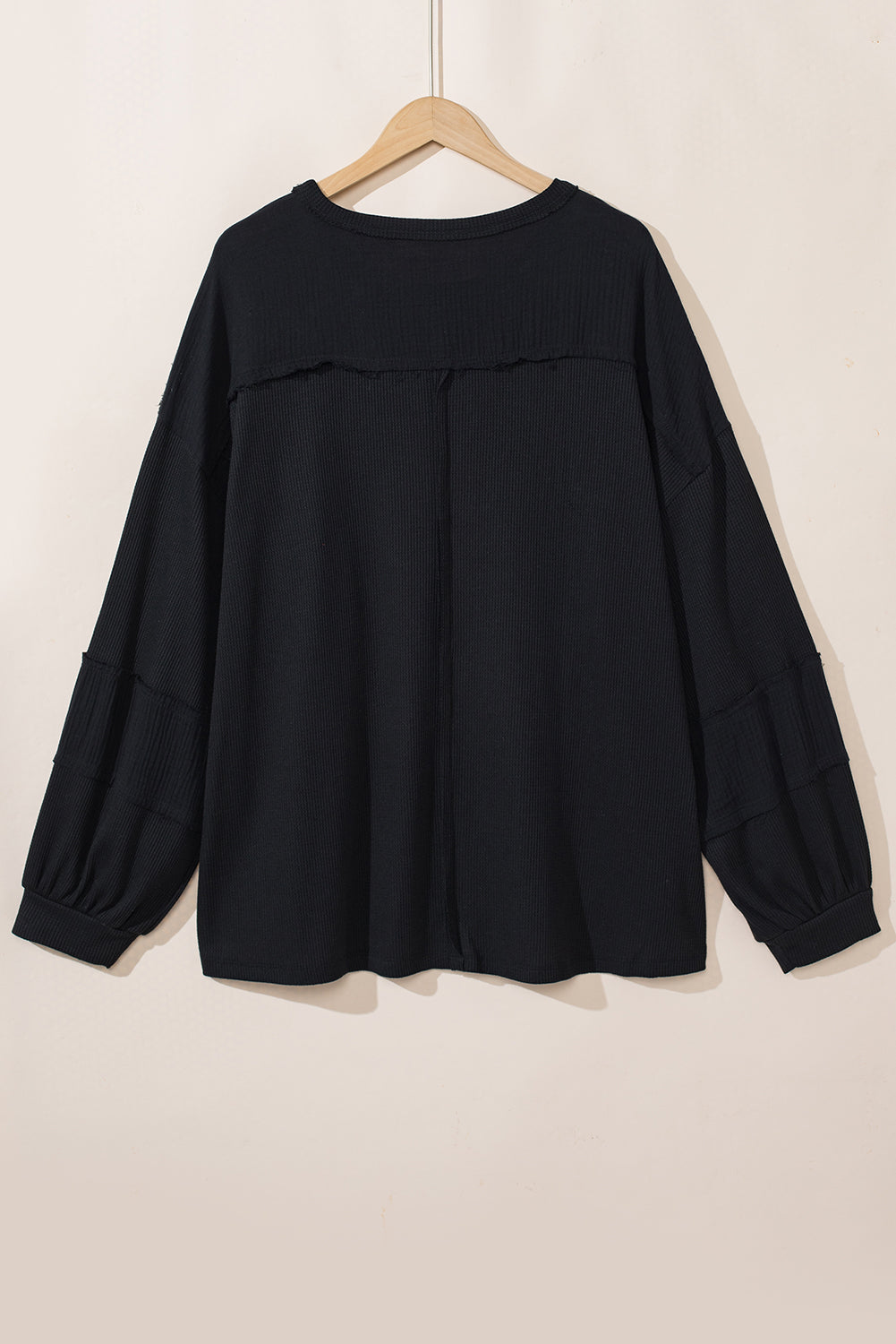 Gray Exposed Seam Patchwork Bubble Sleeve Waffle Knit Top