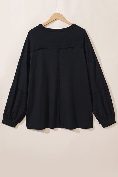 Gray Exposed Seam Patchwork Bubble Sleeve Waffle Knit Top