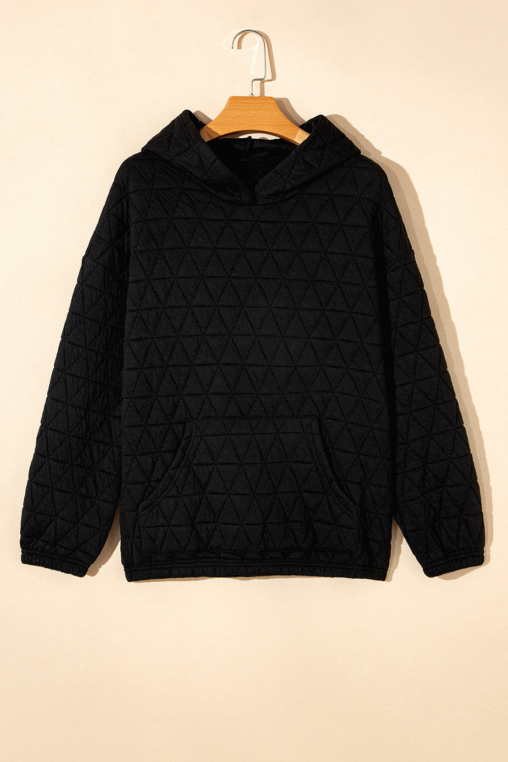 Coffee Solid Color Quilted Kangaroo Pocket Hoodie