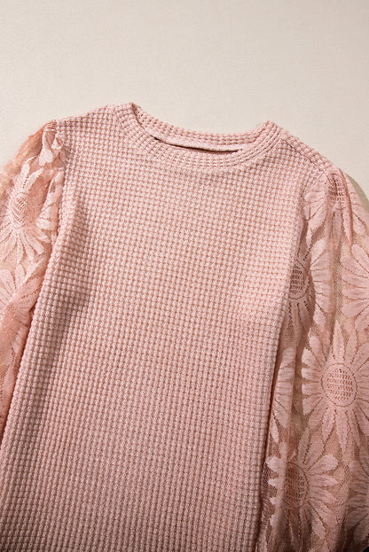 Black Sunflower Mesh Bubble Sleeve Waffle Knit Top