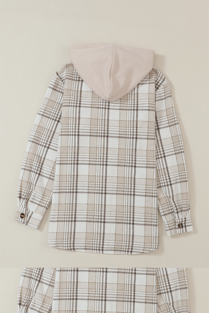 Khaki Printed Plus Size Plaid Print Contrast Hooded Shacket
