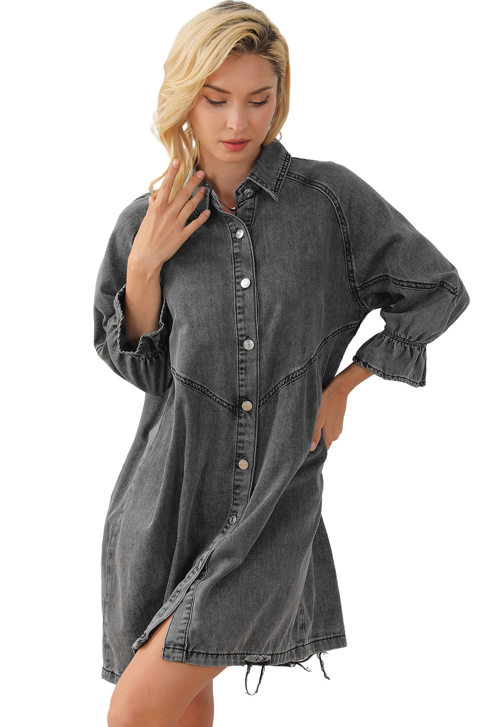Gray Sequin Nutcracker Graphic Long Sleeve Shirt Denim Dress