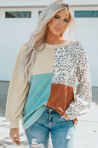 Khaki Ribbed Color Block Leopard Splicing Plus Size Top
