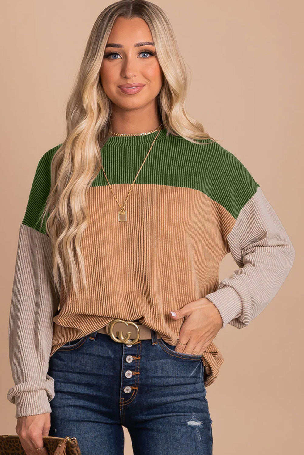 Mineral Red Plus Size Ribbed Colorblock Long Sleeve Top