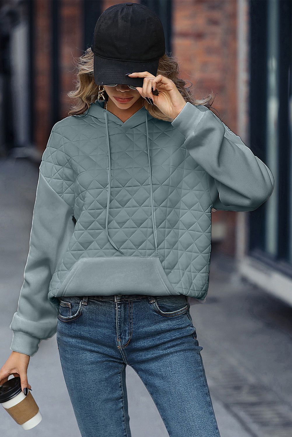 Coffee Solid Color Quilted Kangaroo Pocket Hoodie