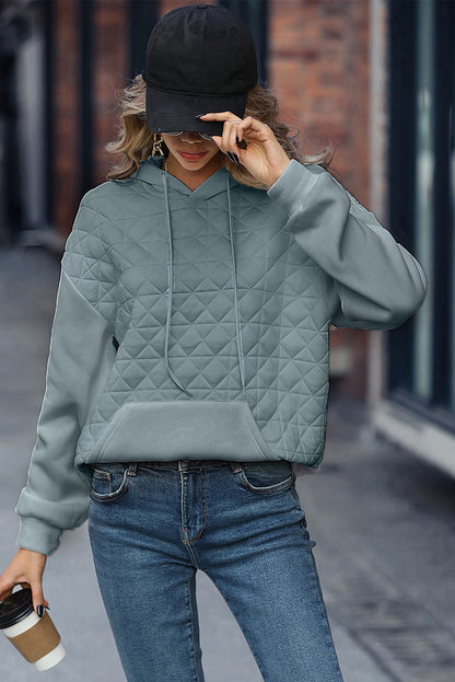 Coffee Solid Color Quilted Kangaroo Pocket Hoodie