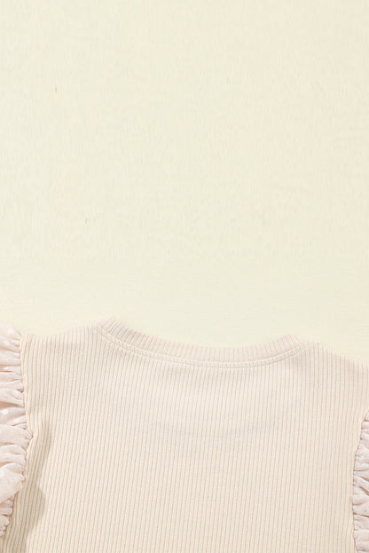 Black Dotty Mesh Ruffle Sleeve Ribbed Knit Top