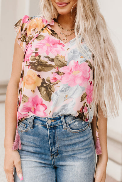 Pink Notched Neck Ruffle Floral Dress