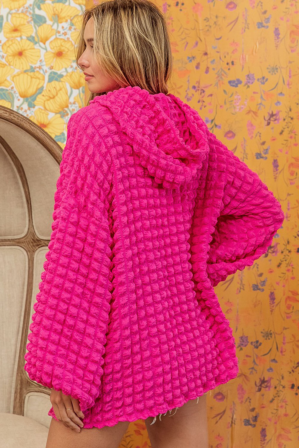 Green Bubble Textured Waffle Hoodie
