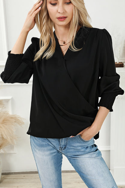 Khaki Solid Surplice Neck Shirred Cuffs Draped Blouse