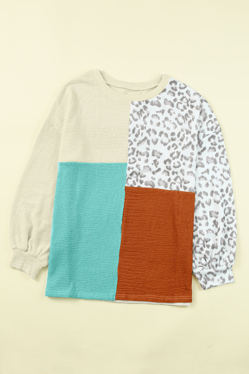 Khaki Ribbed Color Block Leopard Splicing Plus Size Top