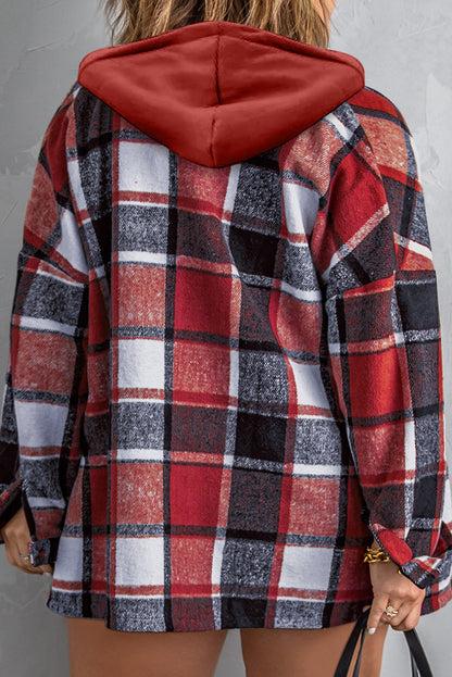 Orange Hooded Plaid Button Front Shacket