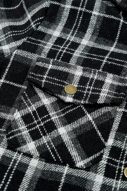 Orange Plaid Pattern Sherpa Lined Hooded Shacket