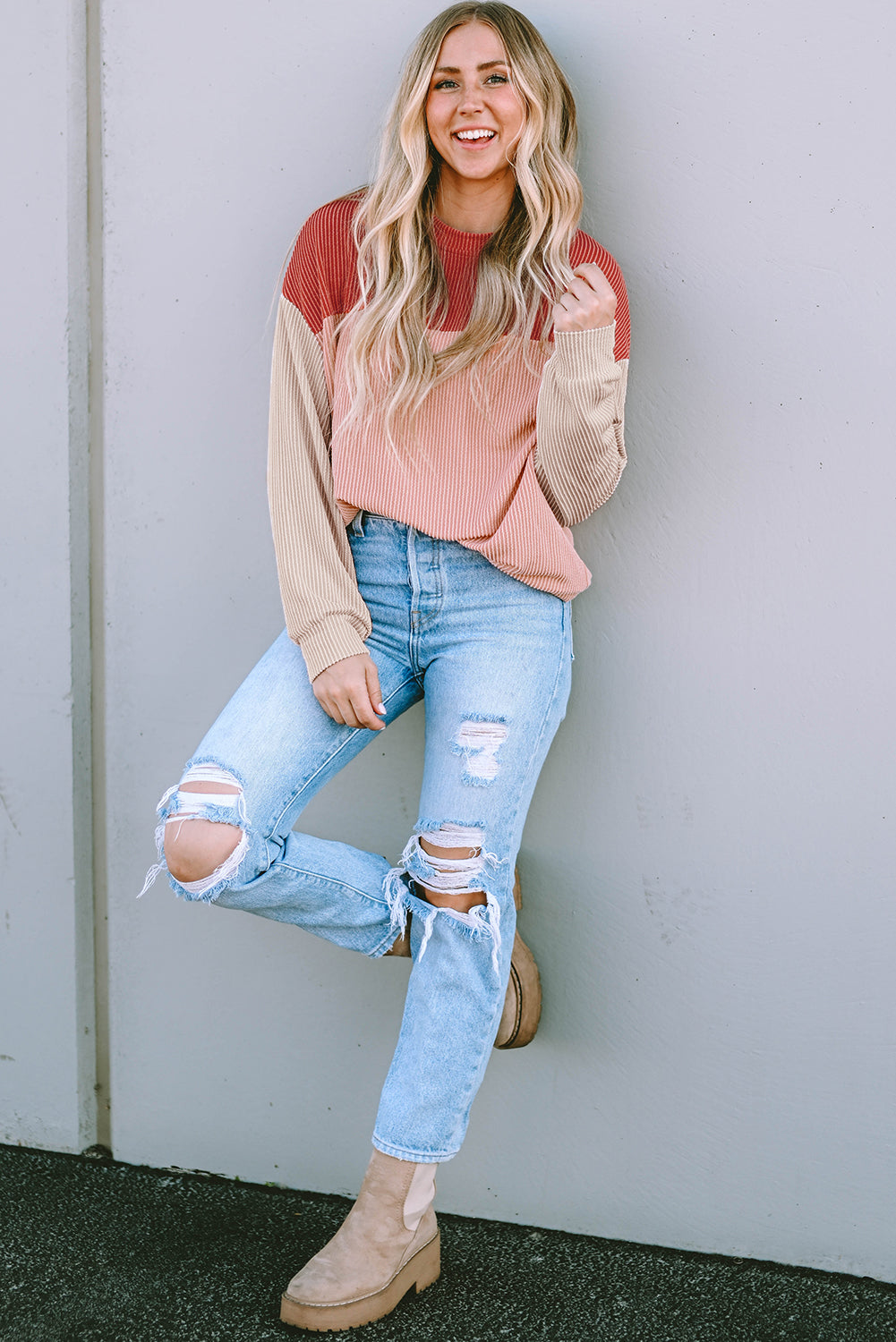 Mineral Red Plus Size Ribbed Colorblock Long Sleeve Top