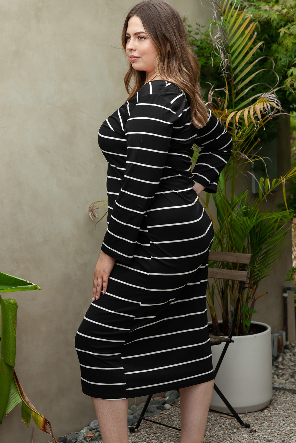 Khaki Stripe Print Open Back Sleeveless Maxi Dress with Slits